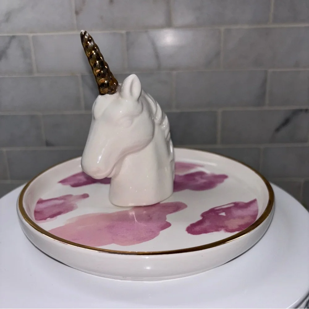Unicorn Ring Bowl Trinket Tray – White with Gold Horn and Pink Accents
